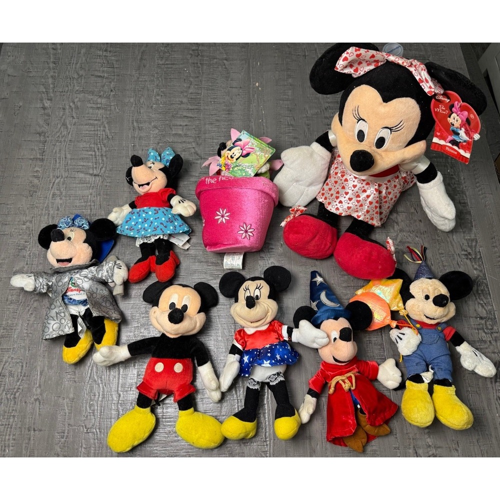Vintage Disney‎ Lot of 8 Stuffed Plush Various Sizes Mickey Mouse Minnie Bow